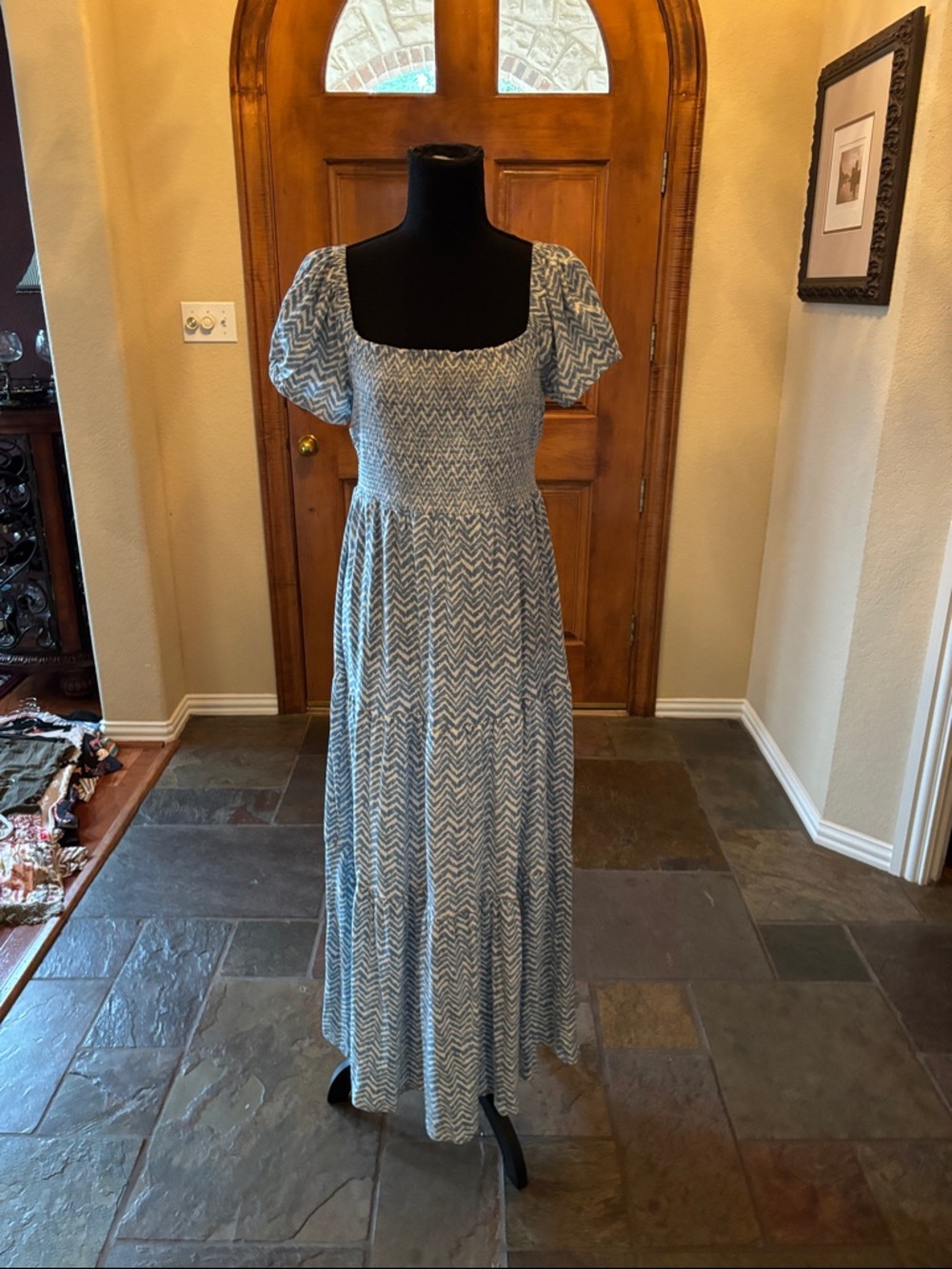 Blue Chevron Smocked Maxi Dress with Puff Sleeves